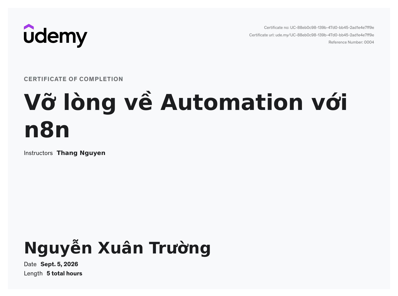 Hoàn thành khóa học "Vỡ lòng về Automation với n8n "