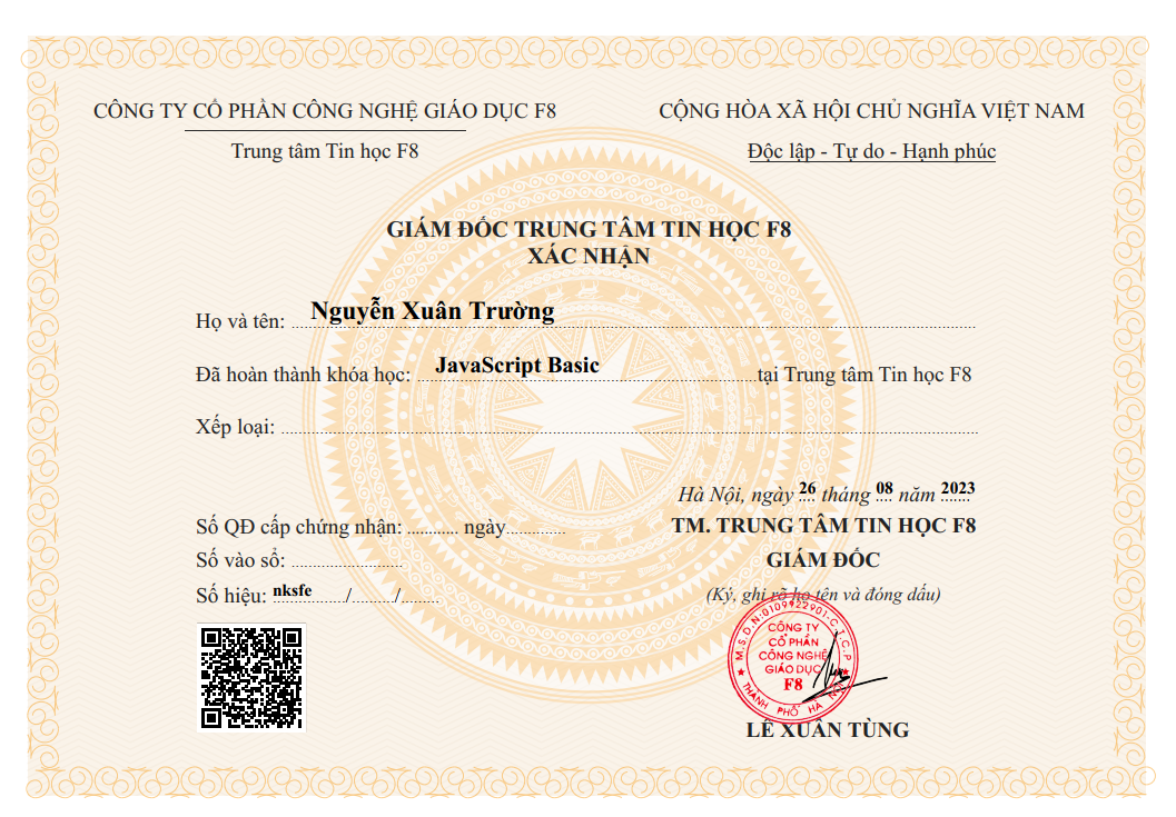 Chứng chỉ hoàn thành "JavaScript Basic" F8