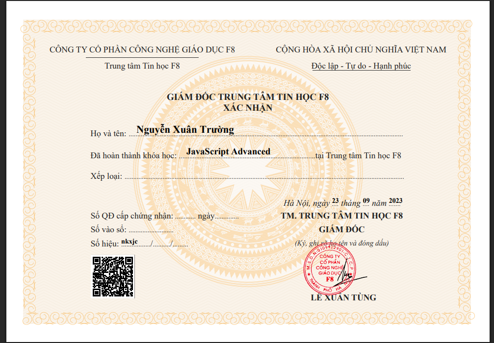 Chứng chỉ hoàn thành "JavaScript Advanced" F8