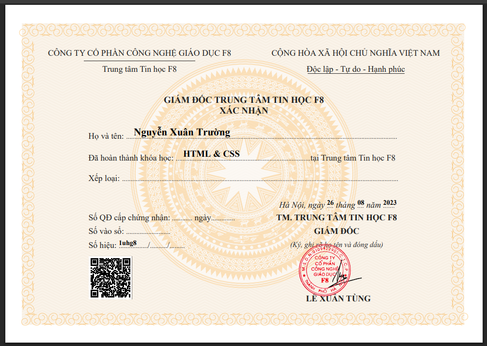 Chứng chỉ hoàn thành khóa học "HTML & CSS" F8